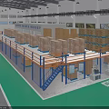Industrial Factory With Double Deck Shelves Cardboard Boxes Green Floor Machinery And Windows