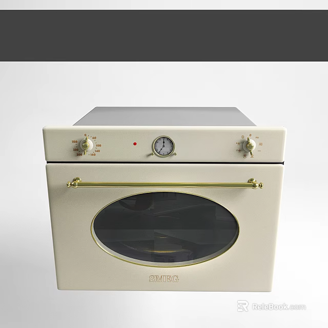 SMAD Cream Colored Kitchen Oven With Round Glass Door Gold Handle And Knobs 3d model