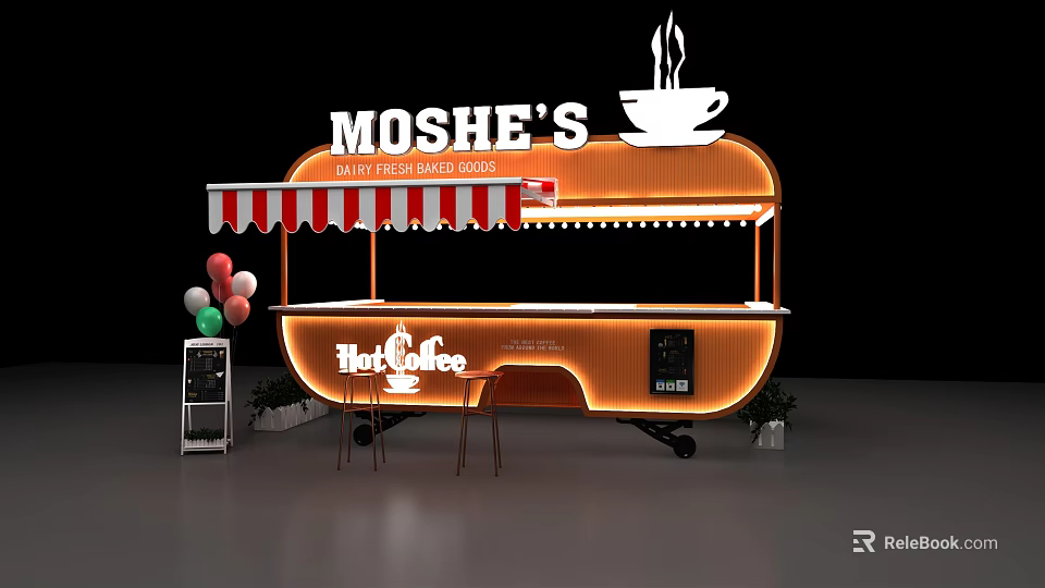 MOSHE'S Coffee And Burger Stand With Hark Coffee Logo And Orange Design 3d model 