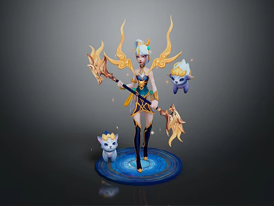 Mythical Female Character With Golden Wings Magic Staff And Small Creatures On Blue Aura Base 3d model