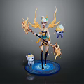 Mythical Female Character With Golden Wings Magic Staff And Small Creatures On Blue Aura Base