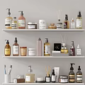 Organized White Shelves With Various Daily Cleaning Products Bottles Jars And Reed Diffusers 3d model