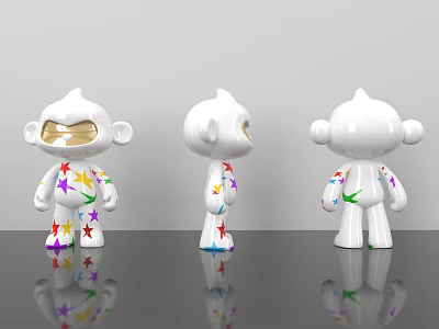 White Cartoon Dolls with Colorful Star Patterns Displayed in Three Angles on Shiny Black Surface 3d model