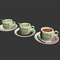 Decorative Ceramic Cups With Saucers Green Floral Patterns For Hot Beverages And Stirring Sticks