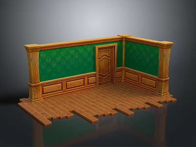 Interior Scene With Green Patterned Wall Wooden Trim Door And Wooden Floor 3d model