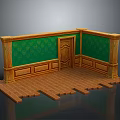 Interior Scene With Green Patterned Wall Wooden Trim Door And Wooden Floor