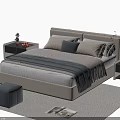 Modern Double Bed With Beige Headboard Gray Pillows Bedside Tables And Striped Rug