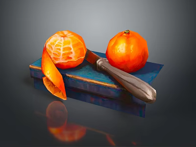 Fresh Peeled and Whole Tangerines with Silver Knife on Blue Platform Against Dark Background 3d model