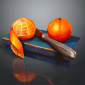 Fresh Peeled and Whole Tangerines with Silver Knife on Blue Platform Against Dark Background