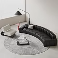 Modern Black Curved Leather Sofa With Glass Coffee Table Set And White Accent Chair
