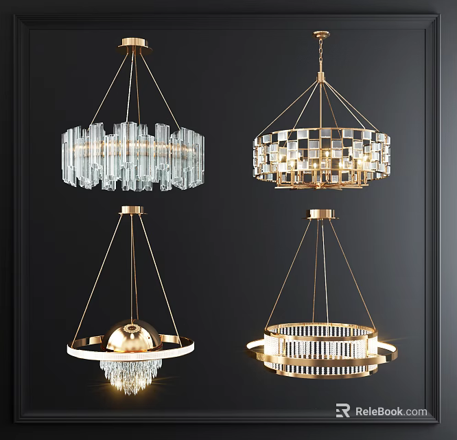 Modern Elegant Chandeliers With Crystal Elements Gold Metal Frames And Geometric Design 3d model 