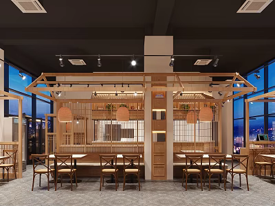Modern Hotpot Restaurant Interior With Wooden Partitions Open Layout And Pendant Lights 3d model