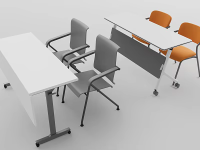 White Conference Table With Gray And Orange Chairs On Wheeled Base 3d model