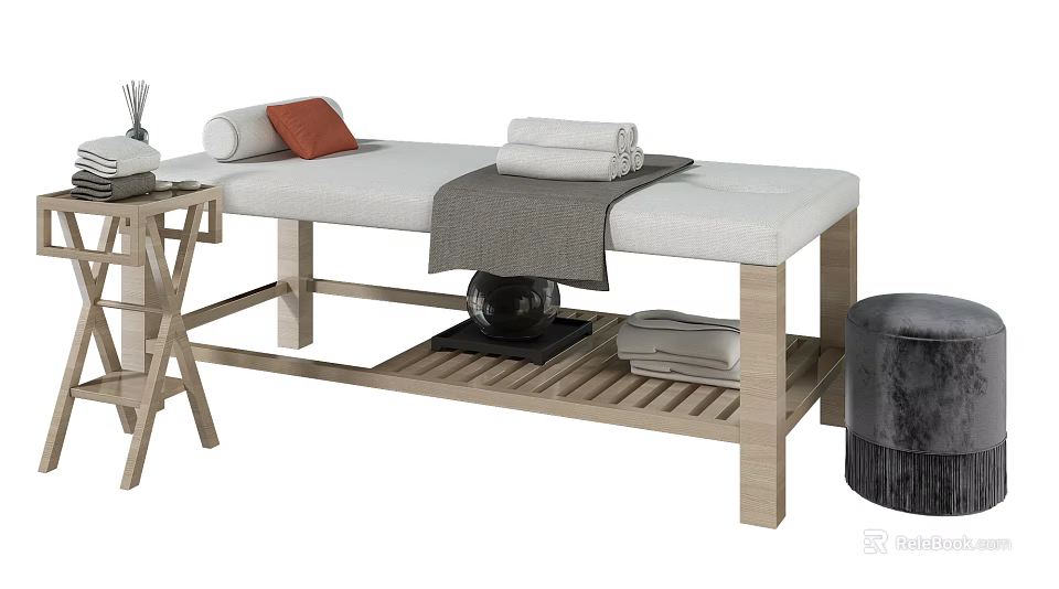 Comfortable Massage Bed With Wooden Frame Orange Pillow Folded Towels And Lower Storage Shelf 3d model 