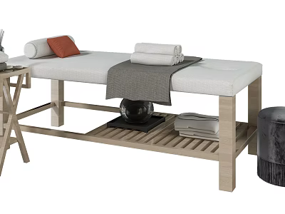 Comfortable Massage Bed With Wooden Frame Orange Pillow Folded Towels And Lower Storage Shelf 3d model