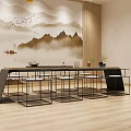 Modern Chinese Style Dining Table and Chairs Set With Landscape Wall Art and Decorative Plants