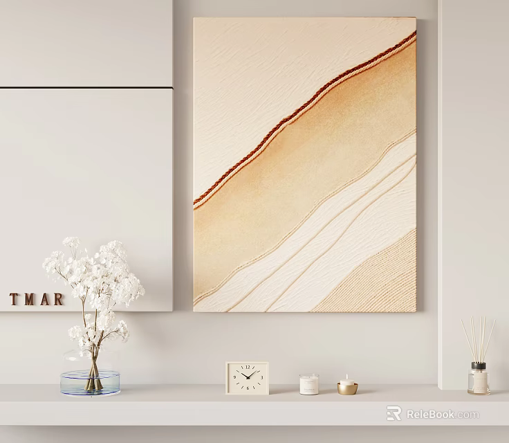 Abstract Painting Neutral Tones Wall Decor with Shelf White Flower Vase Clock Candles Aromatic Diffuser 3d model
