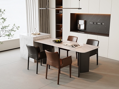 Modern Island Table Dining Table and Chair Leather Dining Chair Sideboard Chandelier Fruit Decoration model