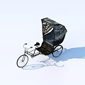 Vintage Bicycle Rickshaw With Black Canopy White Background And Shadow Detail