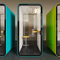 Colorful Transparent Work Booths In Blue Teal Green Yellow With Table And Lighting