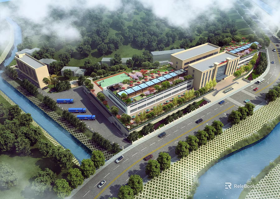 Aerial Planning of Modern Campus with River Roads Greenery and Sports Field 3d model 