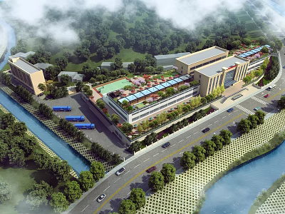 Aerial Planning of Modern Campus with River Roads Greenery and Sports Field 3d model