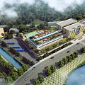 Aerial Planning of Modern Campus with River Roads Greenery and Sports Field