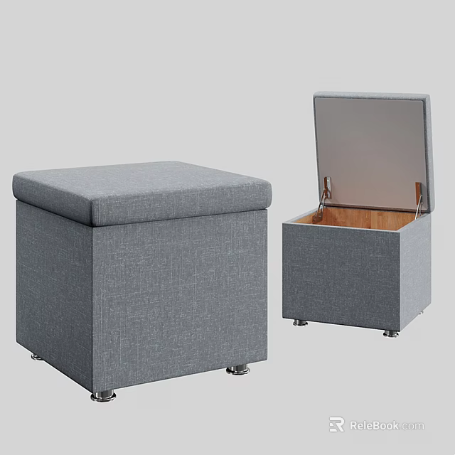 Gray Upholstered Storage Ottoman with Metal Legs and Open Storage Compartment Design 3d model 