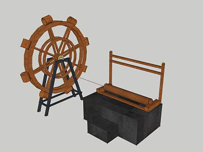 Wooden Waterwheel And Bench Garden Ornament With Stone Base And Steps 3d model