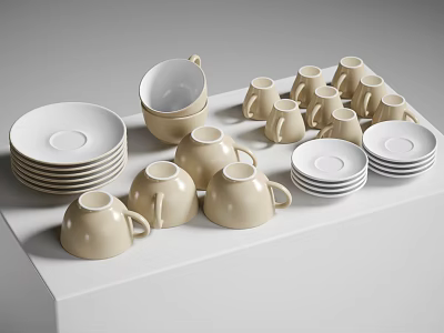 Cream Colored Ceramic Tea Cups With Stacked Saucers On White Surface 3d model