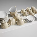 Cream Colored Ceramic Tea Cups With Stacked Saucers On White Surface 3d model