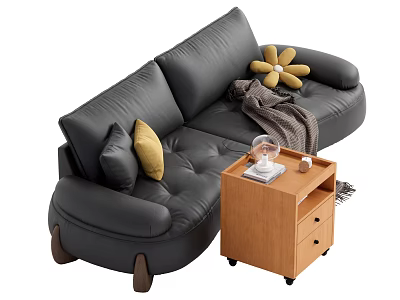 Black Leather Sectional Sofa With Yellow Cushion Flower Decor Gray Throw And Wooden Side Table 3d model