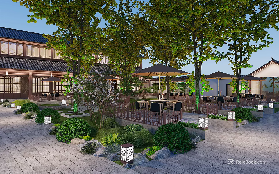 Traditional Garden Landscape With Trees Outdoor Seating Umbrellas Stone Paved Ground Greenery And Lantern Lights 3d model 