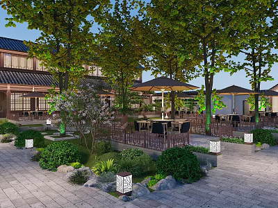 Traditional Garden Landscape With Trees Outdoor Seating Umbrellas Stone Paved Ground Greenery And Lantern Lights 3d model