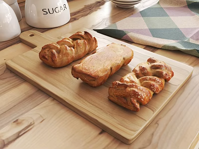 Freshly Baked Artisan Bread Varieties On Wooden Cutting Board With Sugar Jar And Checkered Cloth 3d model
