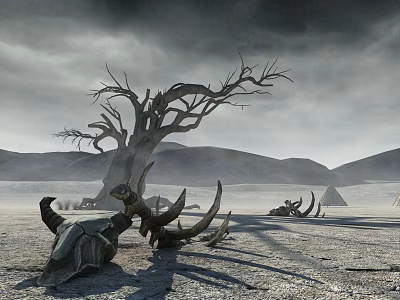 Desert Landscape Featuring Dead Tree Animal Skulls And Distant Mountains Under Cloudy Sky 3d model