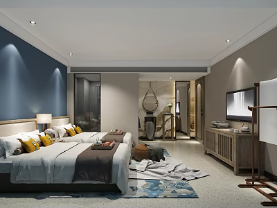Modern Hotel Guest Room With Twin Beds Navy Blue Walls Yellow Pillows And TV Stand 3d model