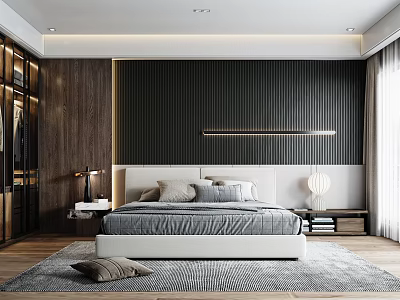 Modern Bedroom Interior Design With Striped Accent Wall Upholstered Bed Wooden Flooring And Area Rug 3d model
