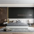 Modern Bedroom Interior Design With Striped Accent Wall Upholstered Bed Wooden Flooring And Area Rug