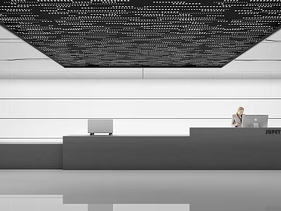 Modern Reception Lobby Interior With Stylish Front Desk Perforated Black Ceiling And Professional Receptionist 3d model