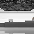Modern Reception Lobby Interior With Stylish Front Desk Perforated Black Ceiling And Professional Receptionist