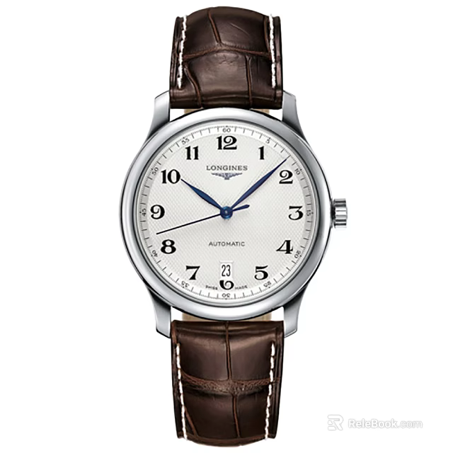 Longines automatic watch with white dial blue hands and brown leather strap 3d model 