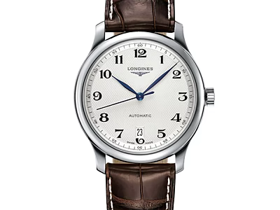 Longines automatic watch with white dial blue hands and brown leather strap 3d model