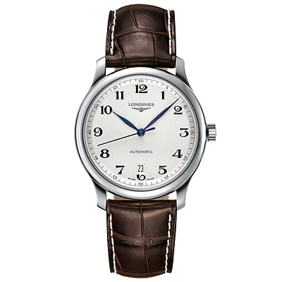 Longines automatic watch with white dial blue hands and brown leather strap 3d model