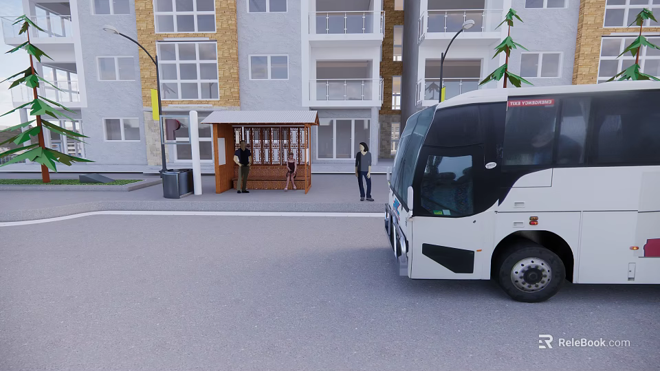 Bus Station With Passengers And White Bus Near Residential Building 3d model 