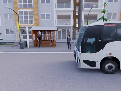 Bus Station With Passengers And White Bus Near Residential Building 3d model