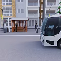 Bus Station With Passengers And White Bus Near Residential Building