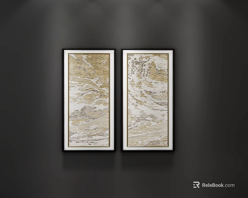 Two Abstract Paintings With Gold And White Patterns In White Frames On Dark Background Wall 3d model