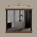 Wooden Framed Mirror On Wall With Ceiling Light Reflecting Window Curtains And Bench