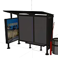 Public Transportation Bus Shelter With Black Roof Transparent Panels Bench Trash Can And Nightlife Billboard
